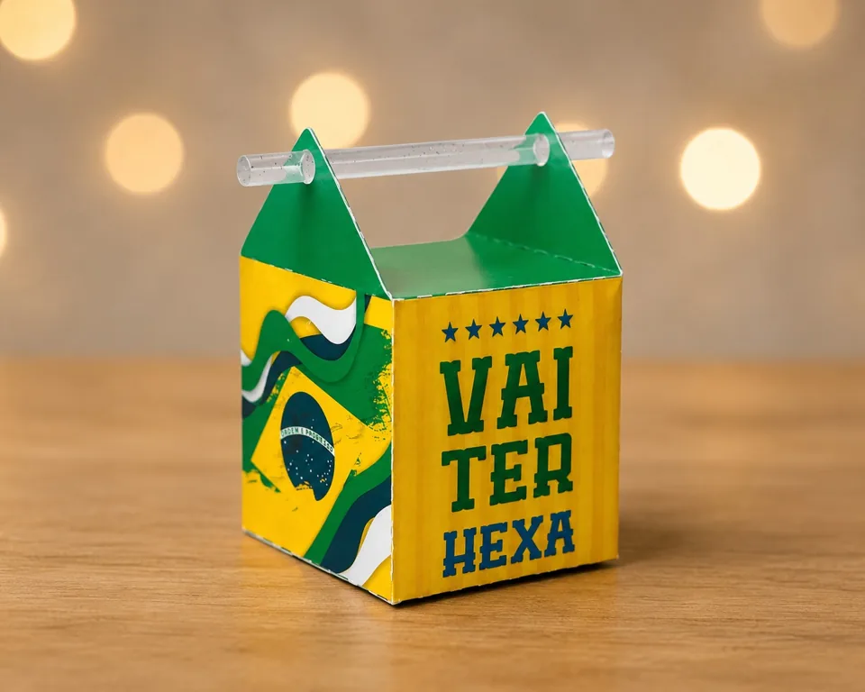 Caixa com alça nas cores do Brasil e a frase Vai ter hexa