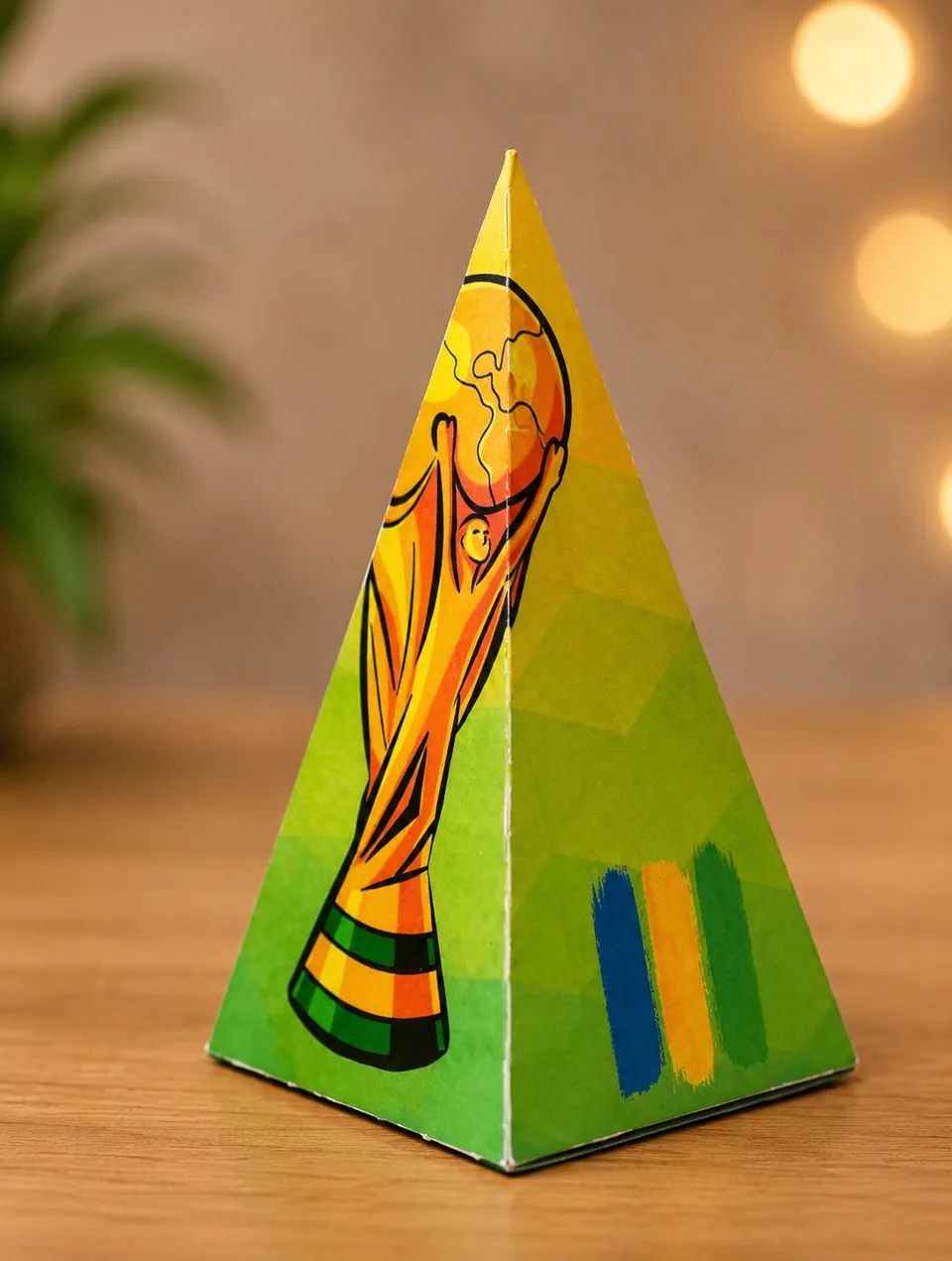 Caixa pirâmide amarela com ilustração de taça
