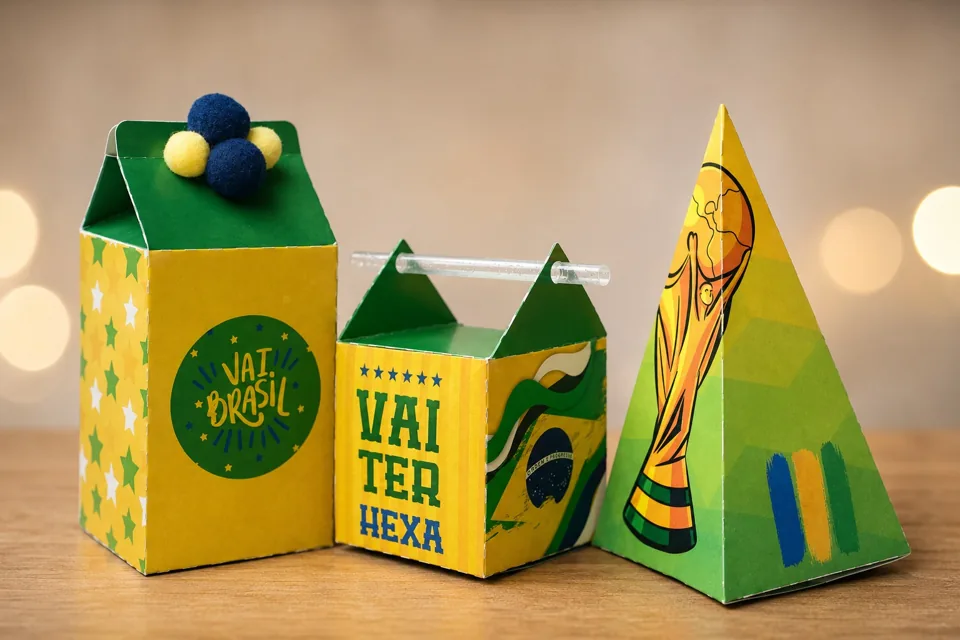 Três modelos de caixas personalizadas nas cores do Brasil